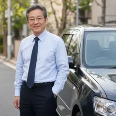 タクシー車両の横に立つ、60代の男性ドライバーのイメージ写真