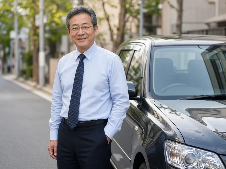 タクシー車両の横に立つ、60代の男性ドライバーのイメージ写真