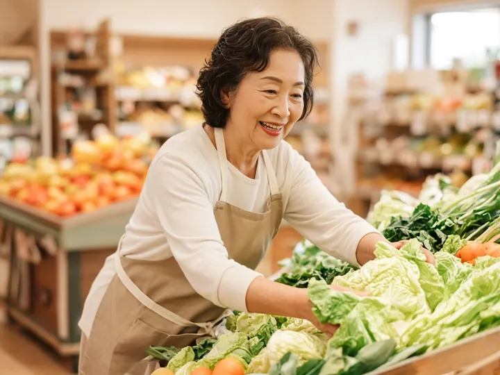 スーパーの売り場で、60代の女性がエプロン姿で野菜を並べているイメージ写真
