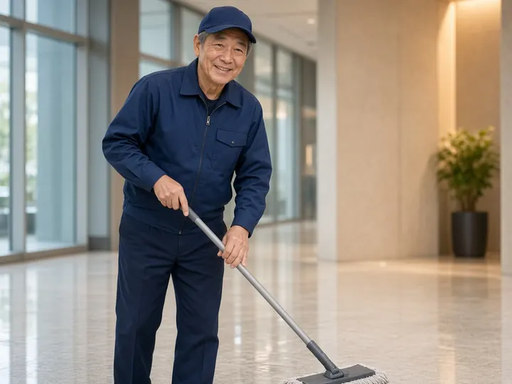 ビルのロビーで、60代の男性が作業着姿でモップをかけているイメージ写真