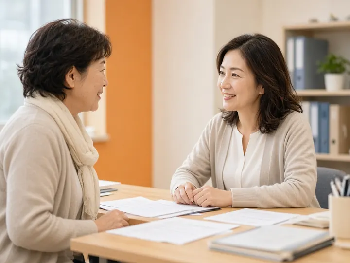 相談窓口で、60代の女性が職員と向かい合って仕事の相談をしているイメージ写真