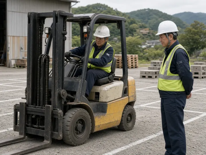 屋外の教習場で、50代後半の男性がフォークリフトを運転し、そばで指導員が見守っているイメージ写真