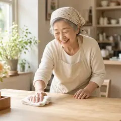 明るいカフェで、70代の女性がエプロン姿でテーブルをふいているイメージ写真