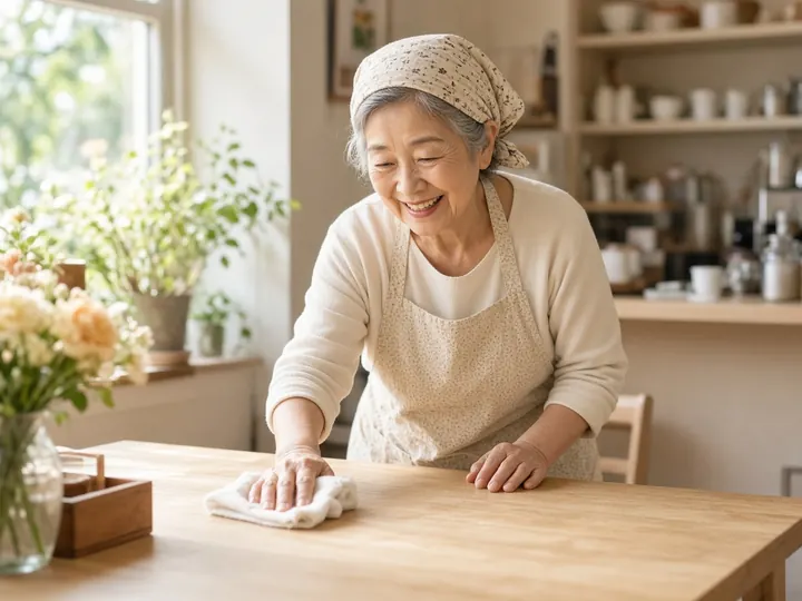 明るいカフェで、70代の女性がエプロン姿でテーブルをふいているイメージ写真