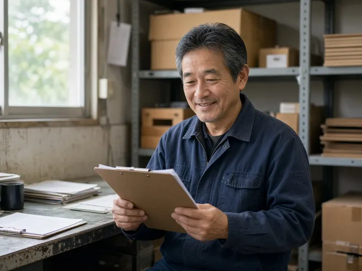 倉庫の事務所で、作業着姿の60代の男性がクリップボードの書類を確認しているイメージ写真
