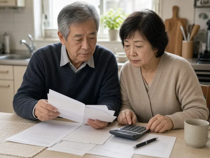 自宅の台所のテーブルで、60代の夫婦が年金の書類と電卓を前に話し合っているイメージ写真