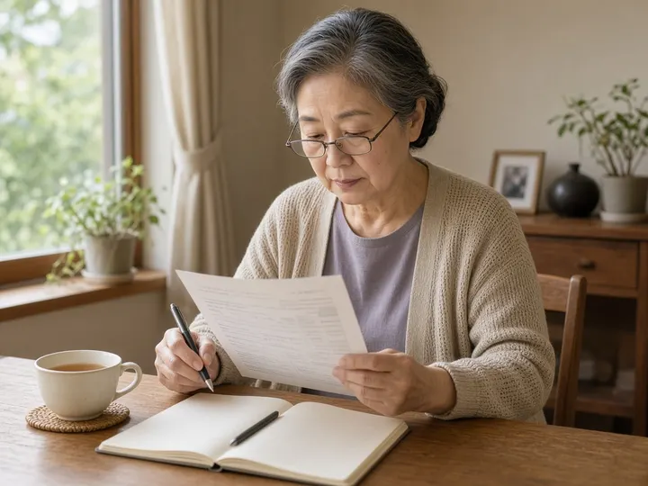 自宅のテーブルで、60代の女性がめがねをかけて、パートの求人票を読みながらメモをとっているイメージ写真