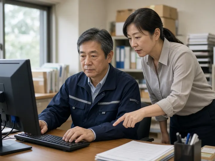 物流会社の事務所で、作業着姿の50代後半の男性がパソコンに入力し、40代の女性の同僚がとなりで画面を指さして教えているイメージ写真