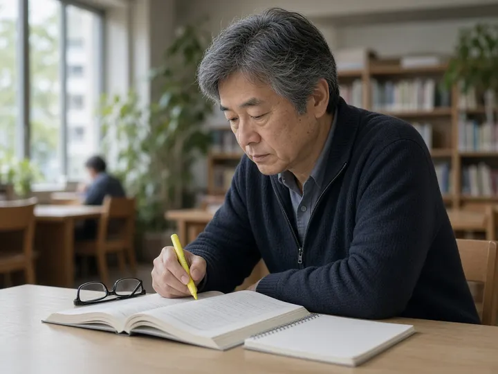 図書館の机で、60代前半の男性がテキストを開き、ノートをとりながら勉強しているイメージ写真