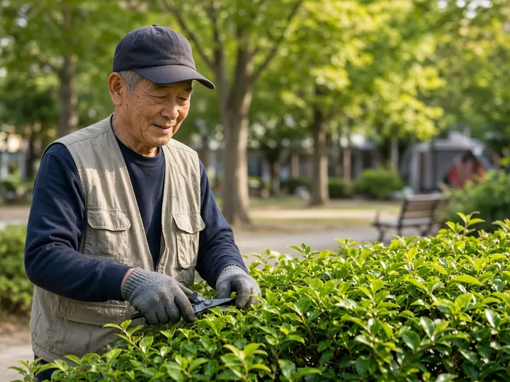 公園で、70代の男性が帽子と手袋をつけて植木の手入れをしているイメージ写真